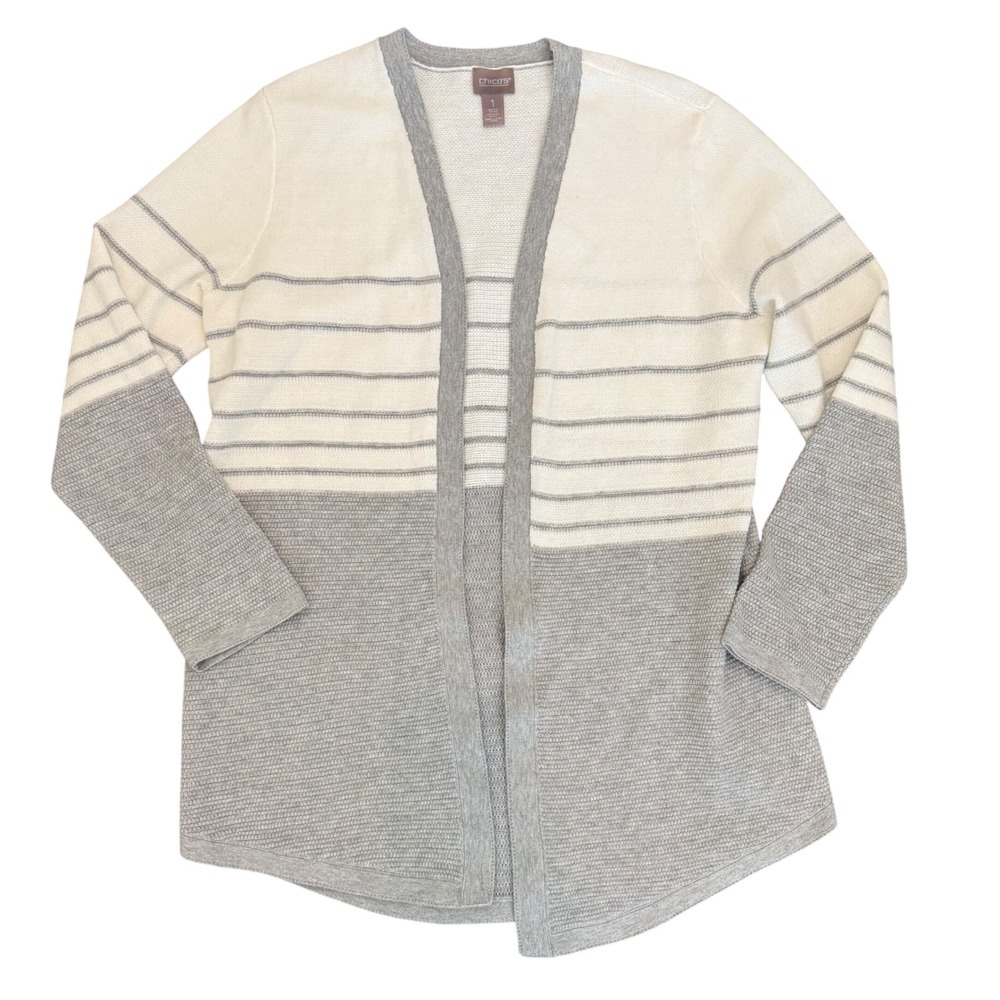 Chicos White Gray Striped Colorblock Open Front Cardigan Sweater Sz 1 M Oversize